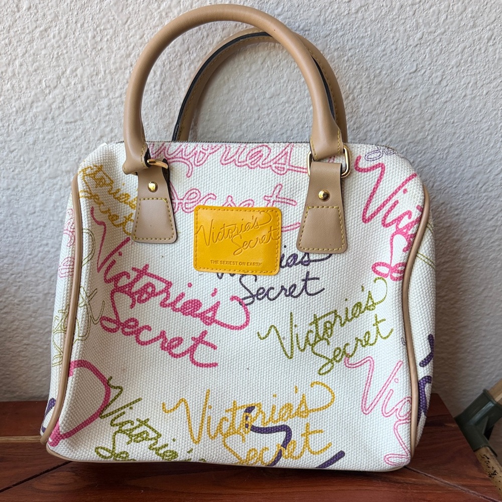 Victoria's Secret Multicolor Script Satchel with Tan Handles Y2K Era